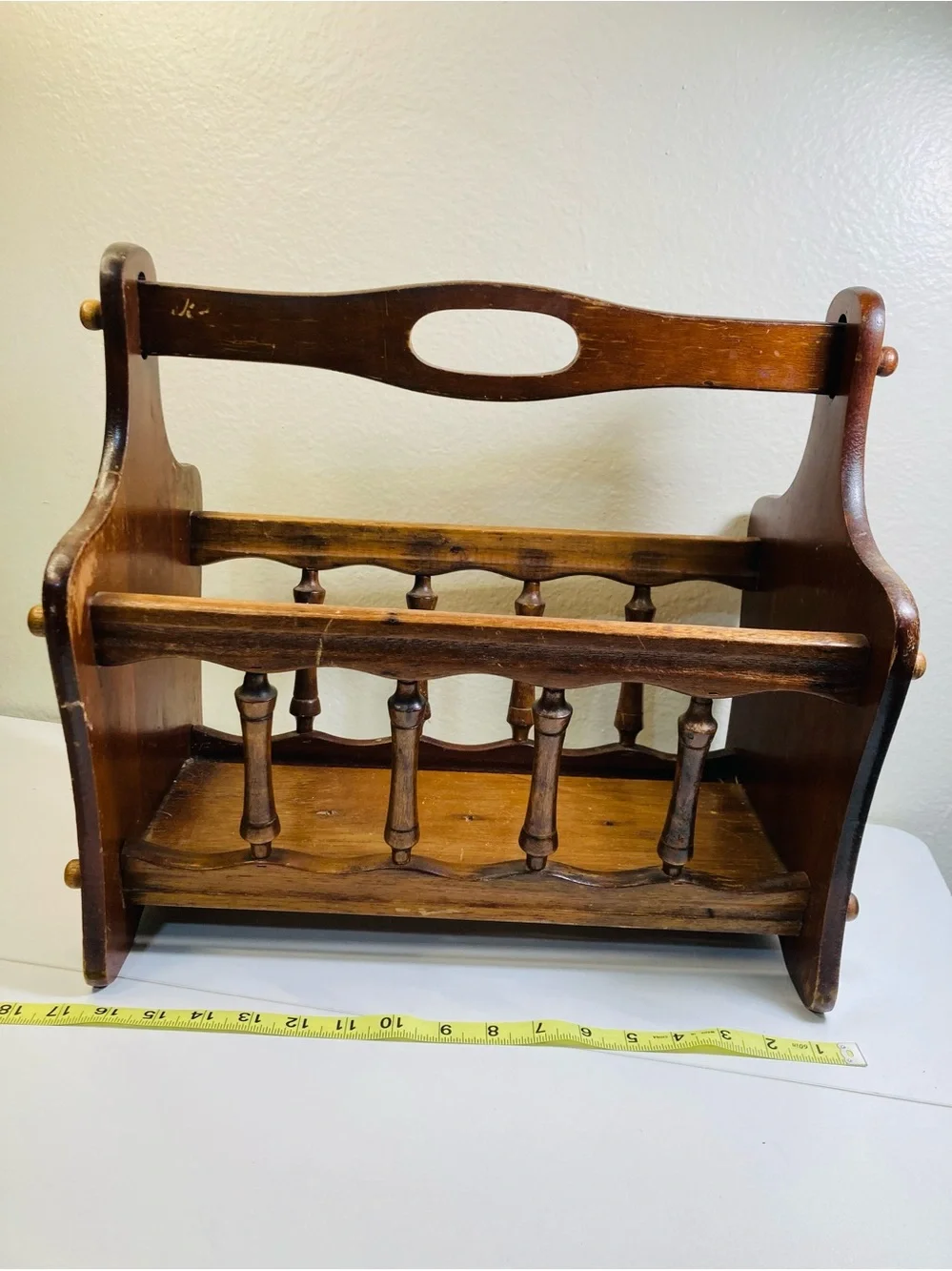 XL Vintage Wooden Yarn Caddy / Magazine Rack with Handle ~16” x ~17”